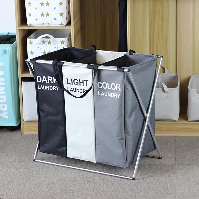 Laundry Basket Cloth Hamper Sorter Basket Foldable 3 Sections with Aluminum Frame Organiser