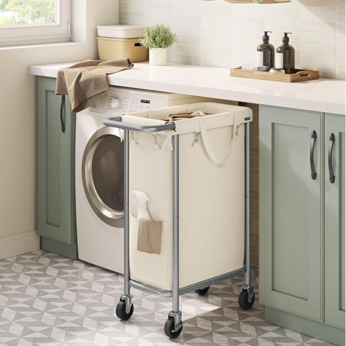 SONGMICS HOME Laundry Basket with Wheels, Rectangular Rolling Laundry Hamper, Removable Liner, Steel Frame with Handle, Blanket Storage, Organiser