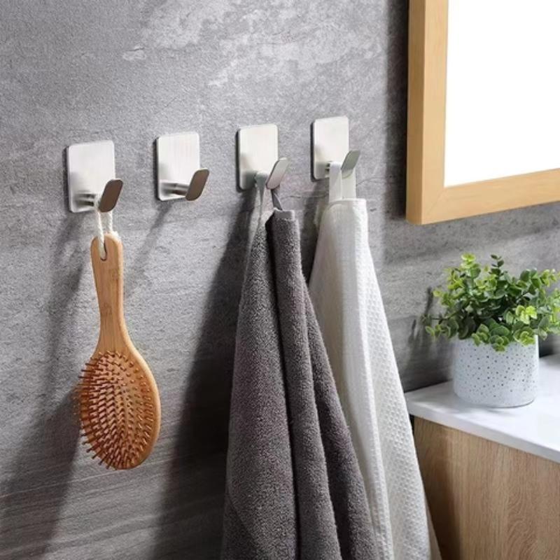 Stainless Steel Wall Mounted Hook, 4 Counts Self Adhesive Towel Hook, Home Organizer for Hanging Clothes & Coats