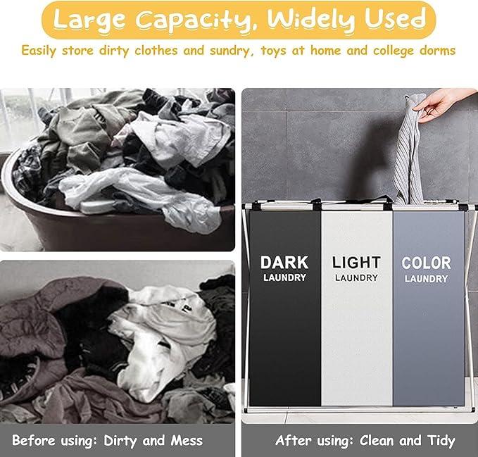 180L Large Laundry Basket with 3 Sections Design, Freestanding Laundry Hamper, Collapsible Clothes Hamper with Handles, for Dorm & Family Closet Storage Container ,Multifunctional Home Organizer,Bathroom Supplies