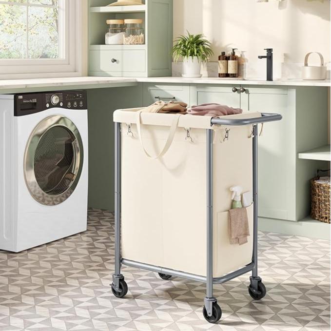 SONGMICS HOME Laundry Basket with Wheels, Rectangular Rolling Laundry Hamper, Removable Liner, Steel Frame with Handle, Blanket Storage, Organiser