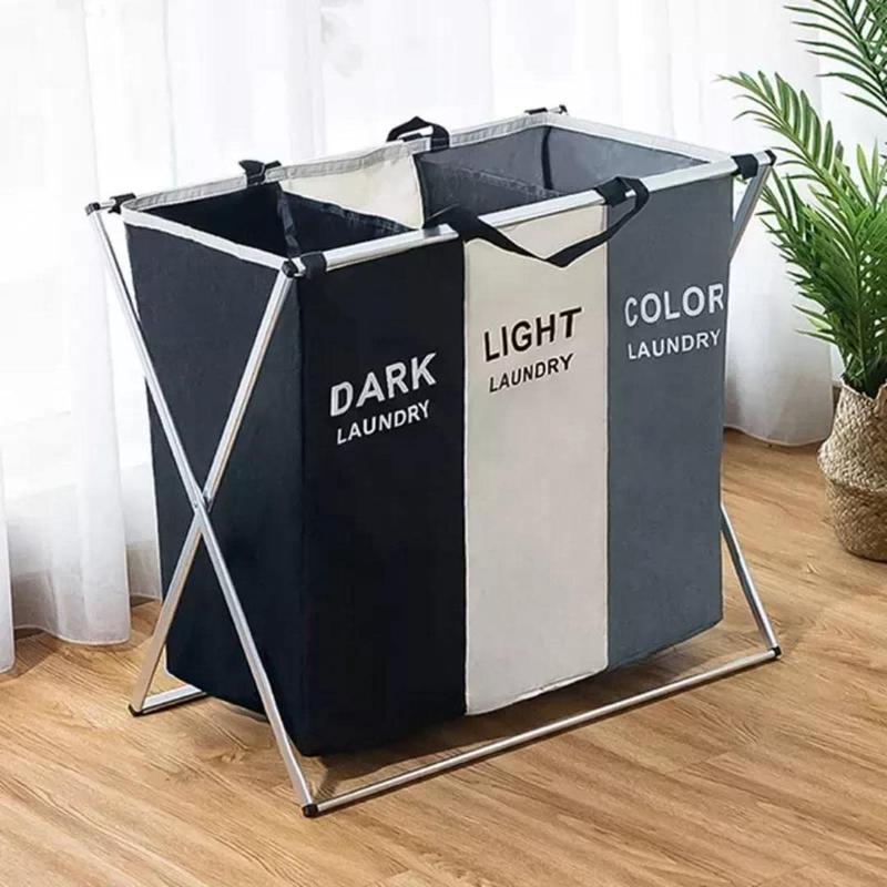 Laundry Basket Cloth Hamper Sorter Basket Foldable 3 Sections with Aluminum Frame Organiser