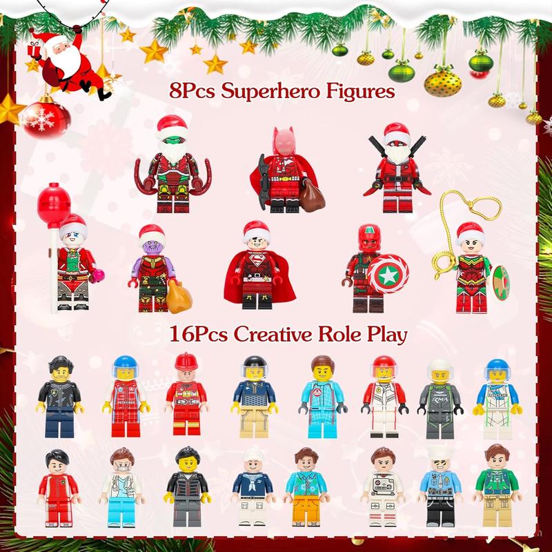 2024 Christmas Advent Calendar - 24 Day Countdown with 8 Fun Characters & 16 Role-Play Accessories, Building Kit for Kids Ages 6+, Surprise Holiday Gift for Boys & Girls