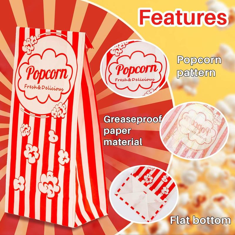 100 Popcorn Bags Individual Servings - Flat Bottom Paper Popcorn Food Bags Party Pop Corn Sleeves Bulk Carnival Halloween Snack Pack Gift Favor Treat bolsas para palomitas Movie Night Supplies