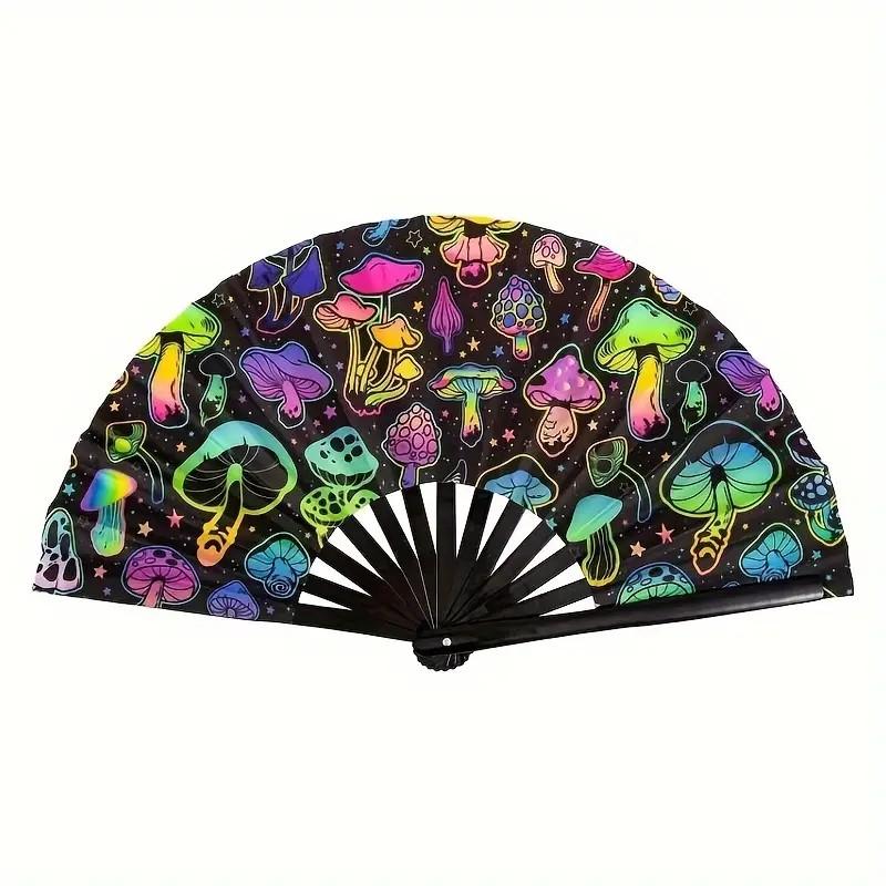 Folding Hand Fan, Festival Rave Fan With Colorful Mushroom Pattern, Handheld Clack Fan For Women