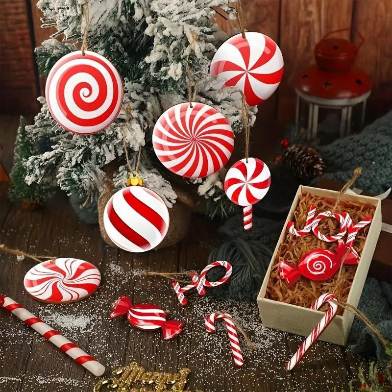 Wooden Candy & Cane Shaped Hanging Ornament, 24pcs set Colorful Christmas Tree Hanging Decoration with Rope, Holiday Party Decoration Supplies