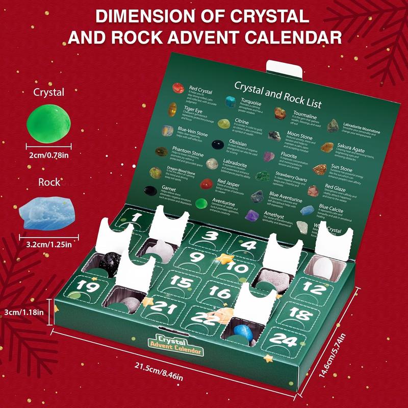 Crystal Advent Calendar 2024, 24-Day Christmas Countdown Gift with Unique Stones and Crystals for Kids, Teens, and Adults – Holiday Rock Collection Set