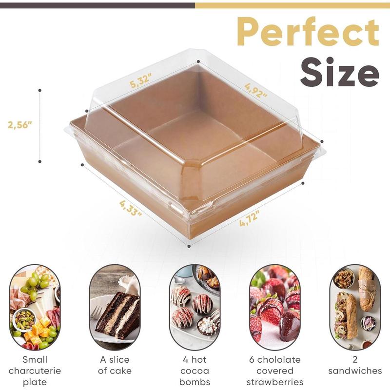 50 Pack Small Charcuterie Boxes with Clear Lids - To Go Paper Mini Charcuterie Box, Disposable Food Containers, 5Inch Dessert Boxes for Sandwich, Cookie, Sushi, Cake Slice, Strawberries (Brown)