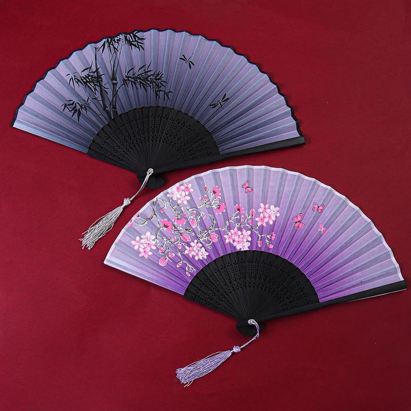 4 counts Folding Fans Bamboo Handheld Fans Silk Fabric Fans Hand Holding Fans For Party, Wedding, Gifts, Wall Decoration Light Props