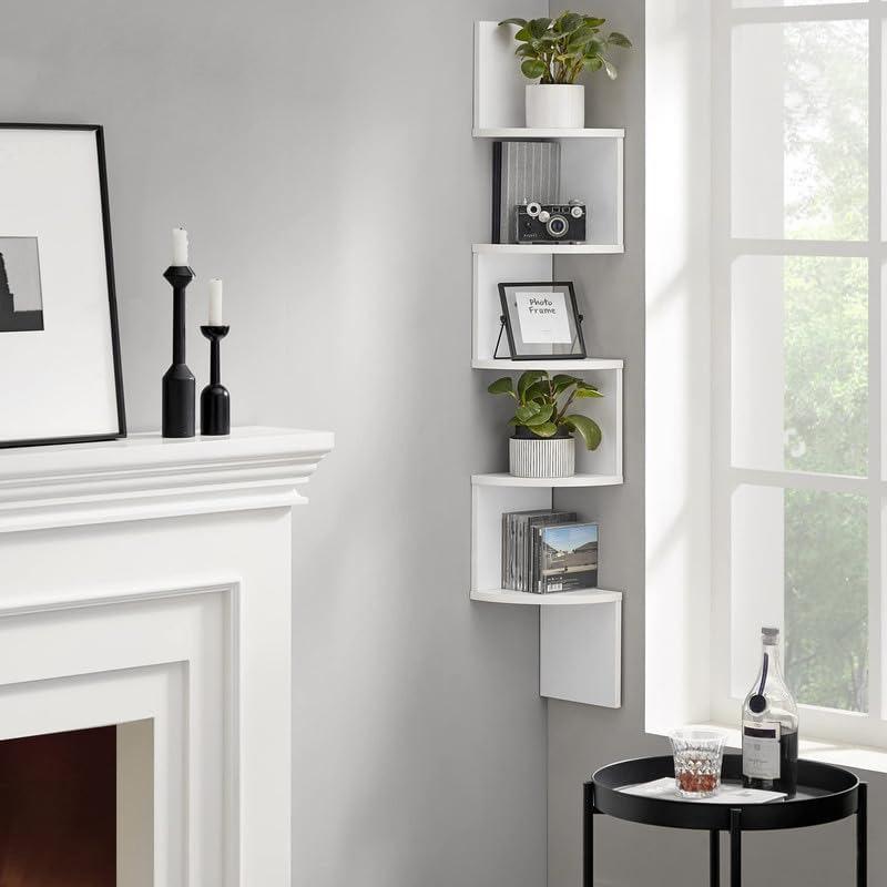 Corner Shelf Wall Mount, 5-Tier Floating Corner Bookshelf, Plant Shelf for Bedroom, Living Room, Bathroom, Home Office, Simply White Decor Shelves