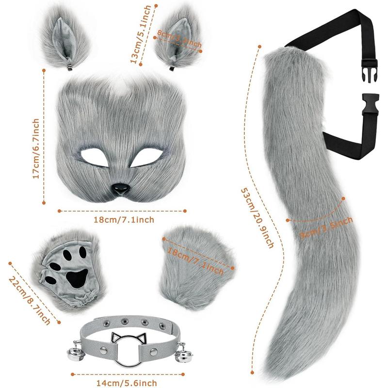 Mask and Tail Kit Faux Furrfy Fox Mask Cat Paws Gloves and Ears for Kid & Adult Cosplay Party