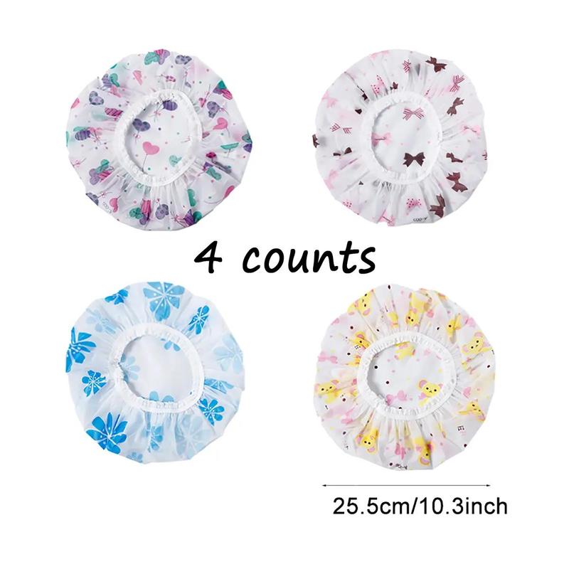 Cartoon Pattern Shower Cap (4pcs), Reusable Waterproof Bath Cap, Shower Cap for Women & Girls, Home Essentials, Bathroom Accessories