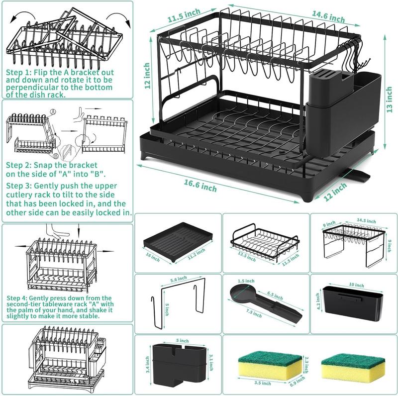 Dish Drying Rack, 2 Tier Large Dish Drying Rack for Kitchen Counter with Drainboard Stainless Steel Dish Drainer for Dish Knifes Cup Cutting Board