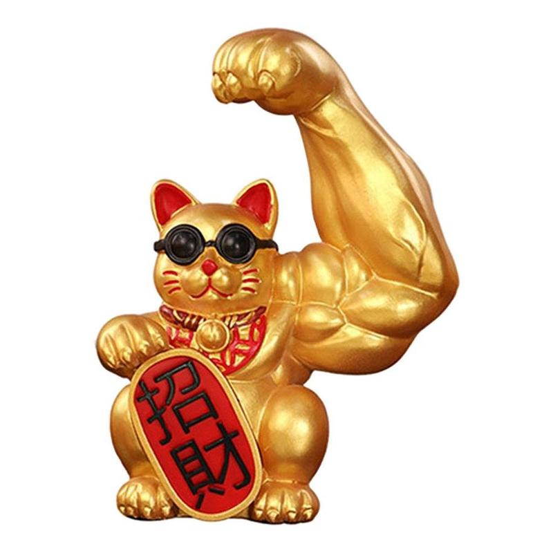 Giant Cat Figurine Muscle  Feng Shui Fortune Sculptures Waving Arm Fortune Wealth Welcoming Store Opening Decor Collections Ornaments Decoration Gift Household Room