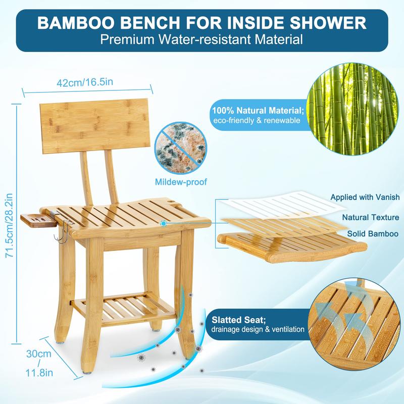 Bamboo Shower Bench with Back and Soap Dish