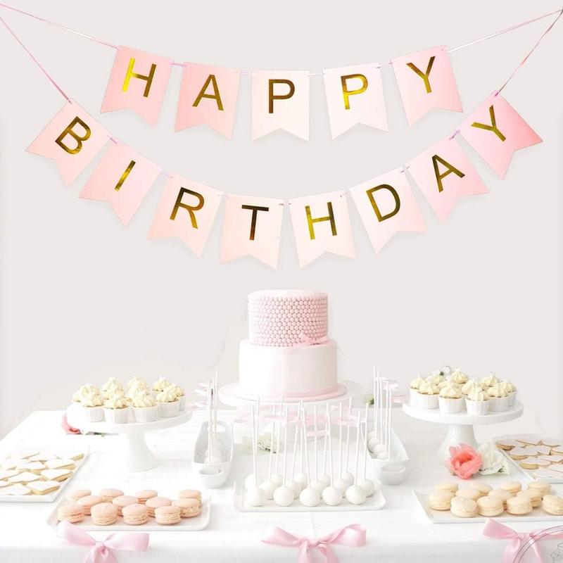 Pink Happy Birthday Banner with Shimmering Gold Letters, Happy Birthday Bunting Banner for Party Decorations for Girls Birthday