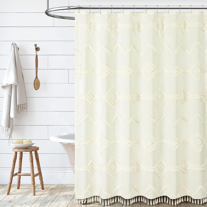 Striped Waterproof Shower Curtain Set, Farmhouse Style Fabric Curtain with Hooks, 54 x 78 Inch Stall Size Light Plastic