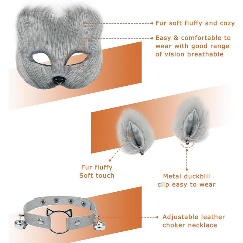 Mask and Tail Kit Faux Furrfy Fox Mask Cat Paws Gloves and Ears for Kid & Adult Cosplay Party