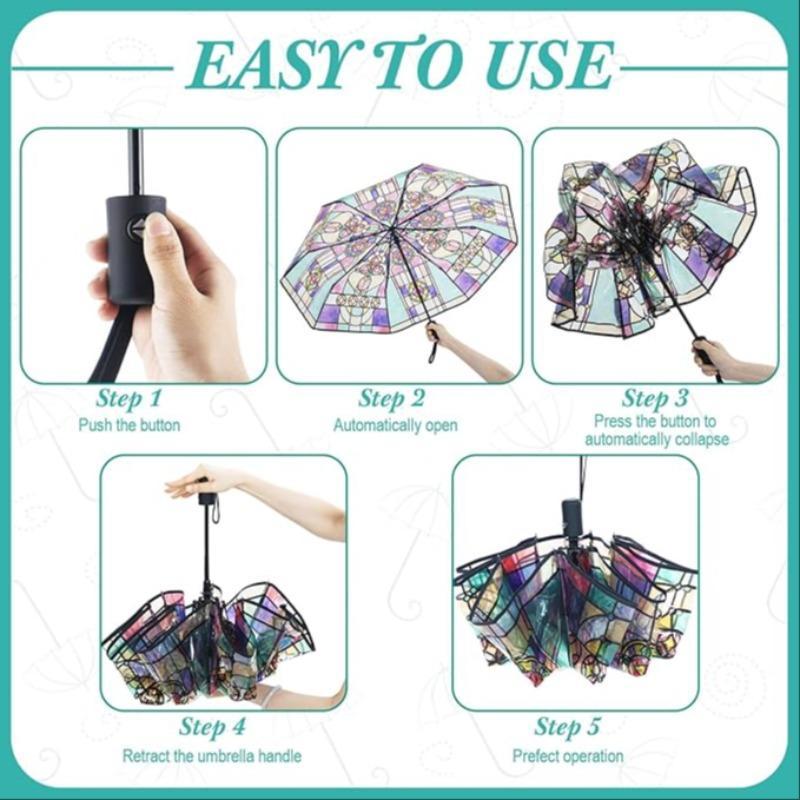 Stained Glass Pattern Folding Umbrella, 1 Count Creative Colorful Umbrella, Automatic Style Umbrella for Women & Men, Party & Festive Decoration Supplies