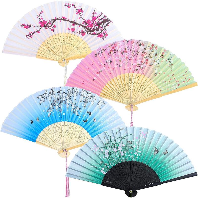 4 counts Folding Fans Bamboo Handheld Fans Silk Fabric Fans Hand Holding Fans For Party, Wedding, Gifts, Wall Decoration Light Props