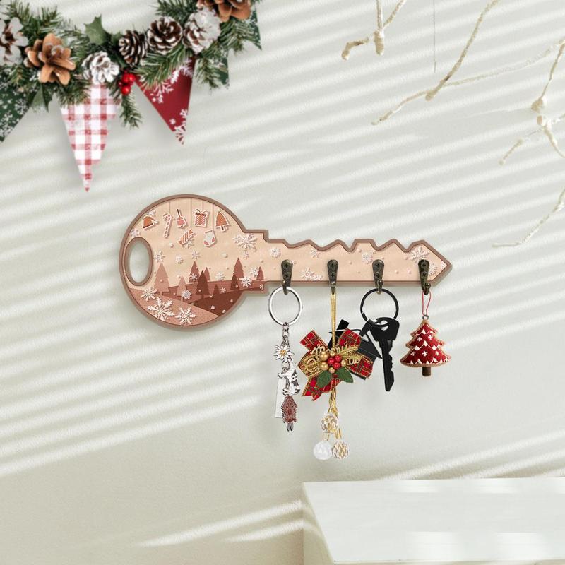 Wooden Key Hanging Board, 1 Count Snowflakes Christmas Tree Pattern Wall Key Chain Decoration, Wall Key Hook for Entrance Corridor Front Door