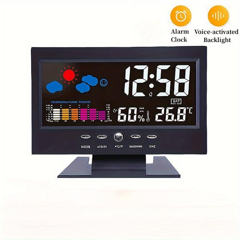 1pc Voice Controlled Digital Weather Station Clock - Large Backlit Display, Accurate Temperature & Humidity Readings, 12 24 Hour Format, Weather Forecast, USB Powered - Perfect for Home or Office Use Decor Plastic