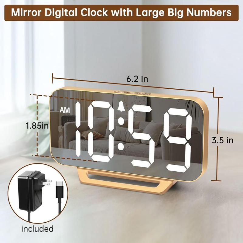 Slim Digital Mirror Clock, Aesthetic Alarm Clock for Desk - Plug in Electric Clock Big LED Modern Decorative Small Table Clock for Office Living Room, 6 Dimmers