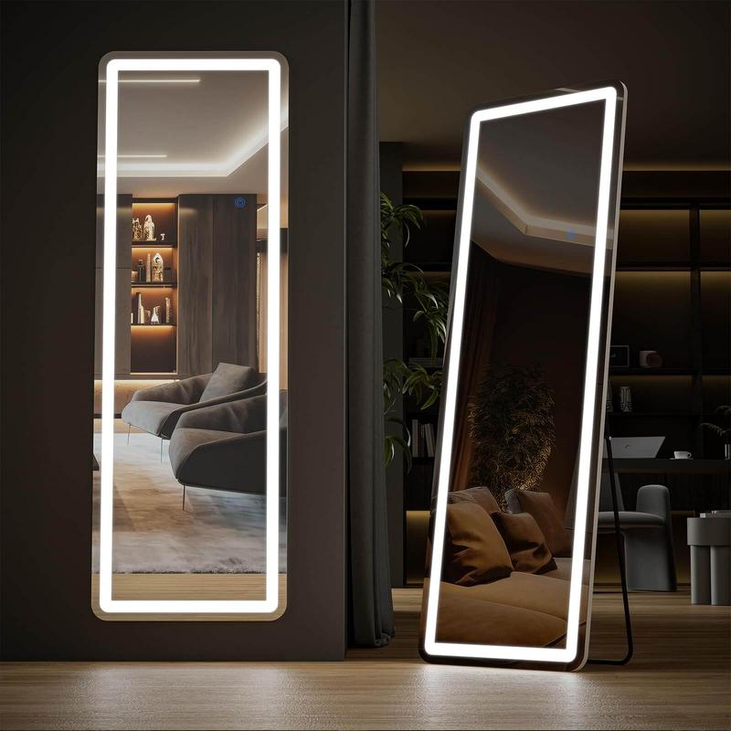 PINGO 3 Color LED Stand Mirror, Sturdy and Durable Floor Mirror with Dimmable Adjustable Brightness, No Assembly Required, For Home Bedroom, For Girl Lady Women, 62*16inch