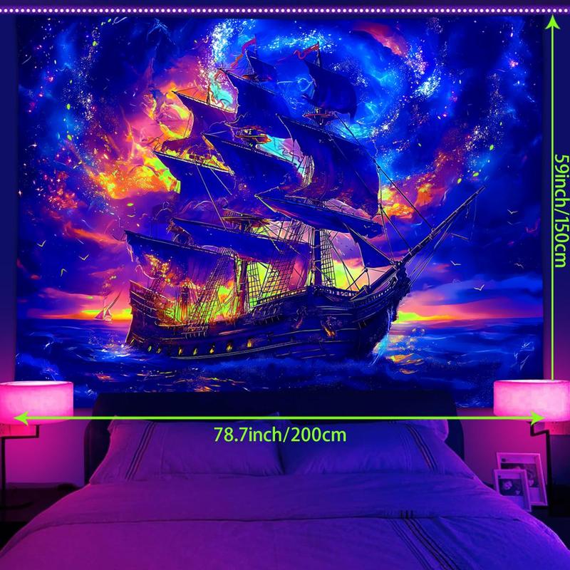 Retro Ship Pattern Tapestry, 1 Count UV Reactive Fluorescent Tapestry, Starry Sky & Cloud Sailing Decoration Wall Art for Home Living Room Bedroom