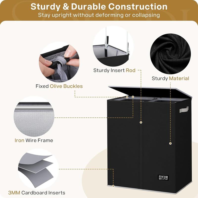 Double Laundry Hamper with Lid and Removable Laundry Bags - Large Dirty Clothes Hamper 2 Section - Collapsible Laundry Baskets for Bedroom, Bathroom, Laundry room, Apartment, Black