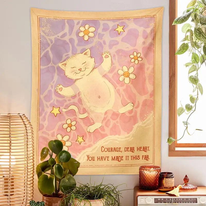 Cute Cat & Flower Print Tapestry, Wall Hanging Tapestry, Background Decoration for Home Living Room Bedroom Dormitory, Home Decoration Supplies