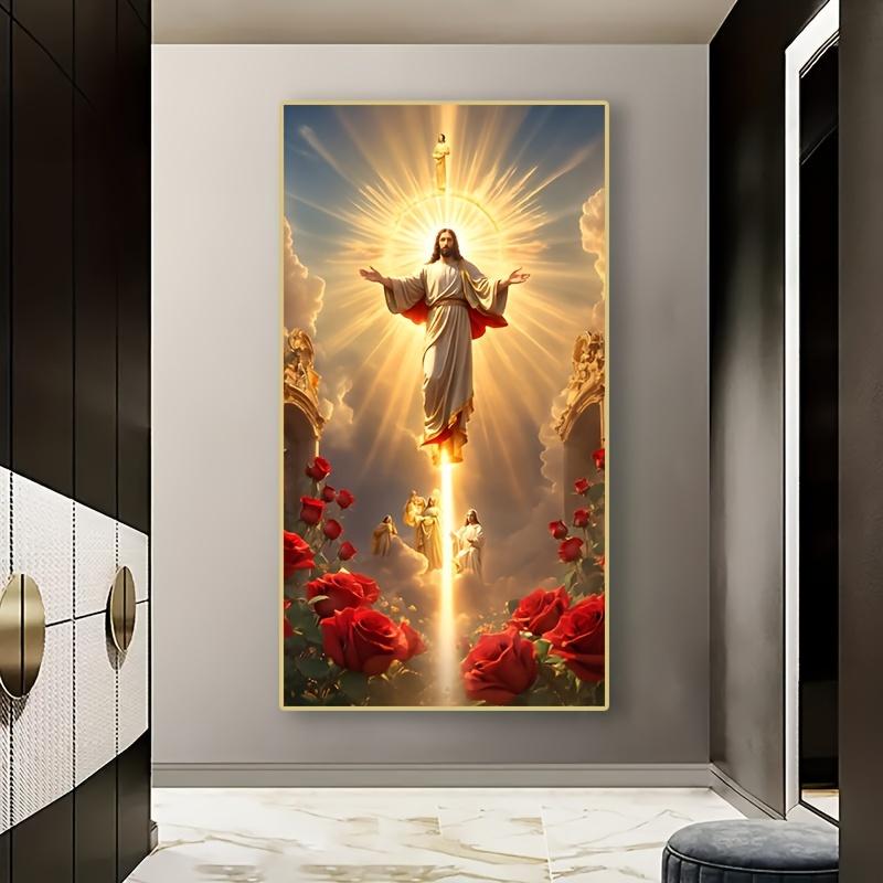 No frame High-Definition Jesus Canvas Print Poster, Religious Wall Art Picture, Home Decor Ascension Scene with Angels & Roses, Spiritual Living Room Bedroom Artwork, Unframed Christian Festival Gift - 1 Piece Ornaments Decoration Photo