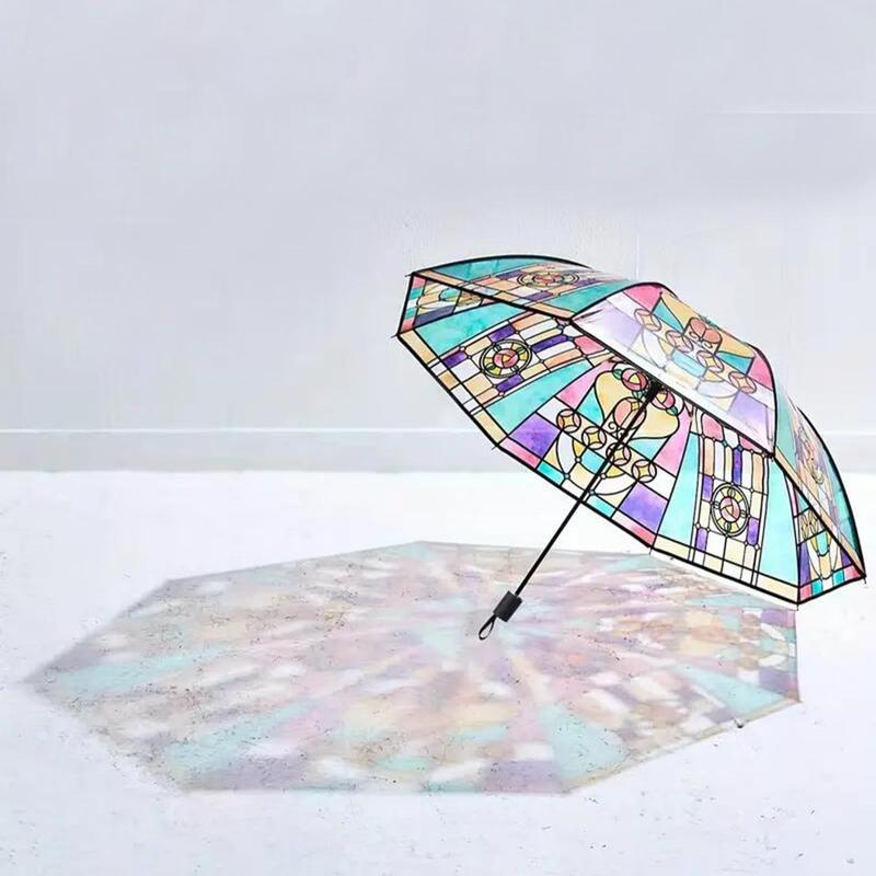 Vintage Geometric Pattern Umbrella, 1 Count Creative Clear Umbrella, Portable Foldable Umbrella for Women & Men,  Folding Umbrella, Umbrella for Outdoor Activities, Room Accessories for 2024