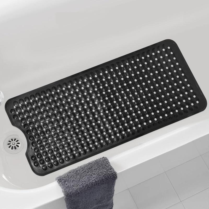 Bathtub and Shower Mats, Long Non Slip Bath Mat, Bath Tub Mat with Suction Cups & Drain Holes for Bathroom, Machine Washable Bathroom Mats, Opaque Black