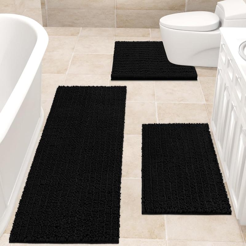 Upgrade Extra Large Black Bathroom Rug Set 3 Pieces Ultra Soft, Thick Absorbent Bath Mats, Non Slip Chenille Toilet Mat for Bathroom, Bedroom, Kitchen Cloud Cozy Microfiber Microfiber Microfiber