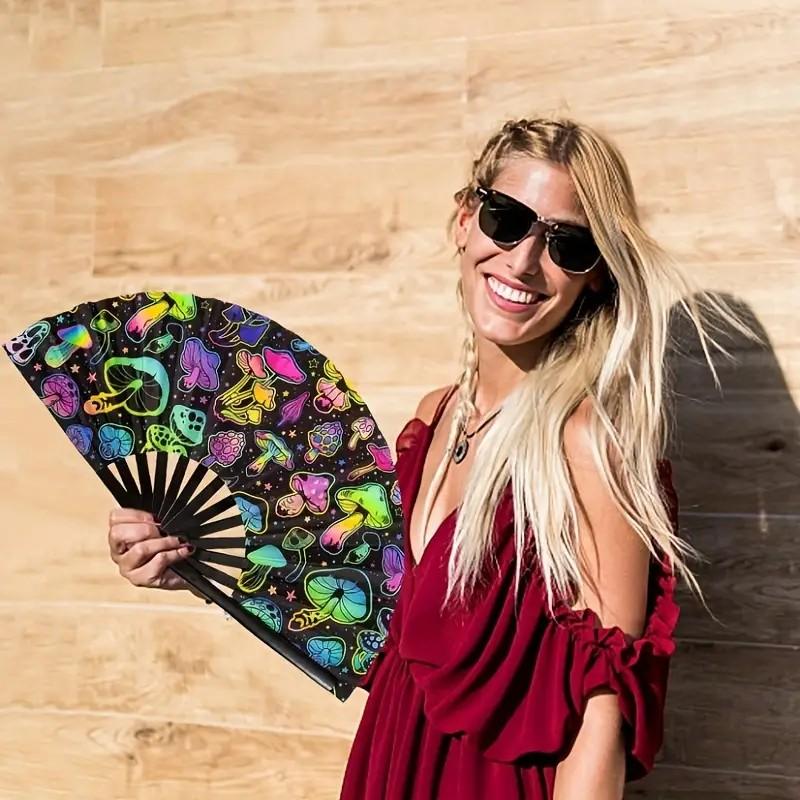 Folding Hand Fan, Festival Rave Fan With Colorful Mushroom Pattern, Handheld Clack Fan For Women