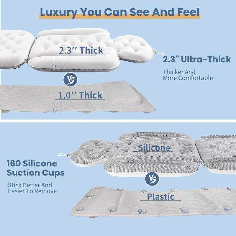 Luxury Bath Cushion, Full Body Bathtub Pillow with 160 Suction Cups, Bath Mat for Head and Neck Support, with Laundry Bag (White, 51.2