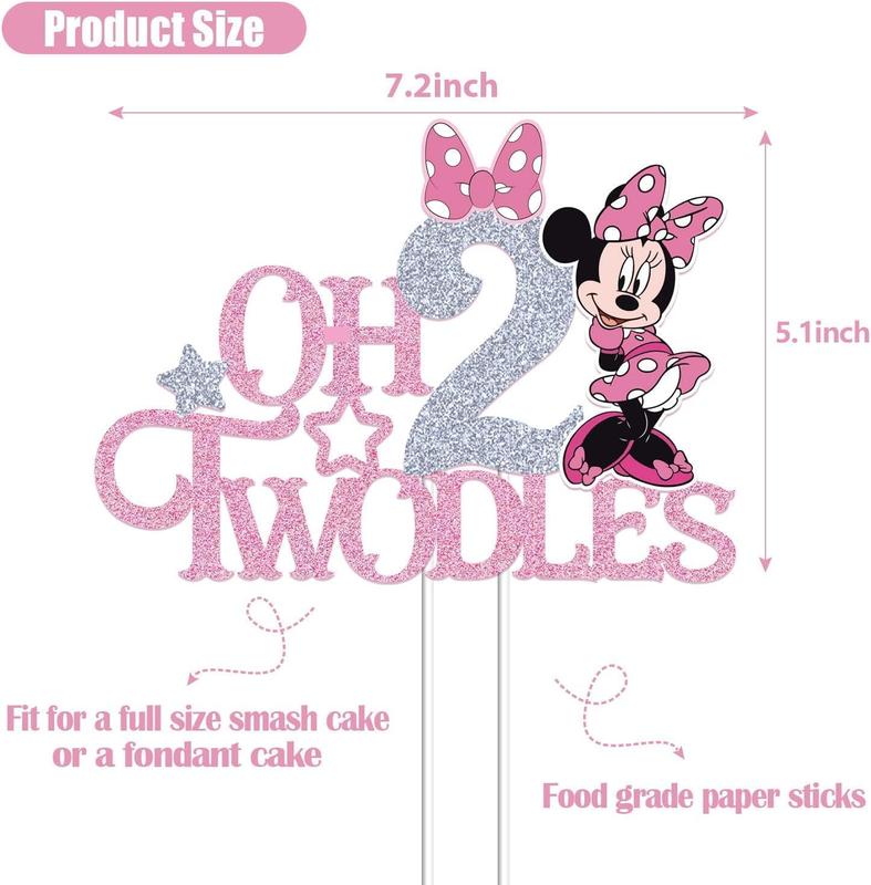 Mouse Oh Twodles Cake Topper for Girls, Pink Glitter Mouse Second 2nd Birthday Cake Topper with Pink Bows for Girls Birthday Party Decorations Supplies(Double-sided), &pink (&pink)