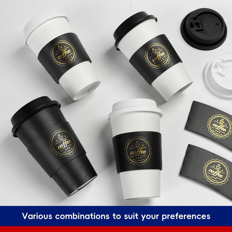 JOLLY CHEF 100 Pack 16 oz Disposable Coffee Cups with Lids, Sleeves and Stirrers, Black and White Paper Cups for Hot Drinks paper cup Thick