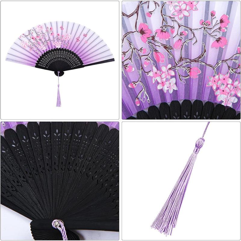 4 counts Folding Fans Bamboo Handheld Fans Silk Fabric Fans Hand Holding Fans For Party, Wedding, Gifts, Wall Decoration Light Props