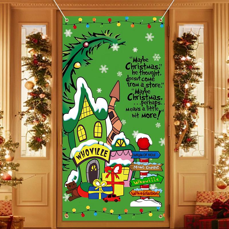 Merry Christmas Door Cover, Cartoon Pattern Door Hanging Banner, Winter Holiday Party Decorations Backdrop, Home Decor Supplies