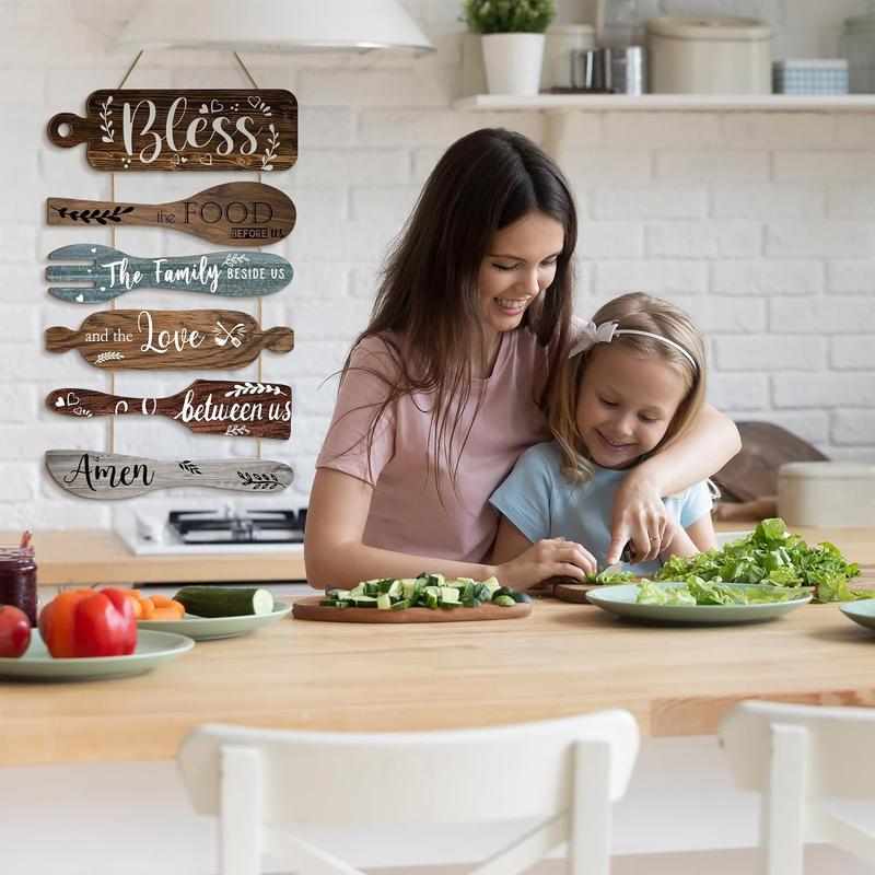 6 Pcs Bless the Food Before Us Sign Farmhouse Kitchen Wall Decor Dining Room Decorations Collage Wall Art Rustic Vertical Hanging Wood Signs for Kitchen Living Room Home(Multicolored)