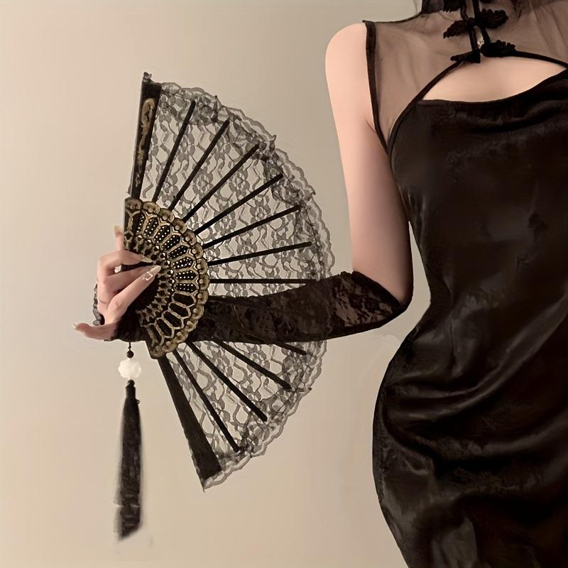 Women's Black Lace Folding Fan-Traditional Chinese Style, Handheld Flower Pattern, Perfect for Role Play with Cheongsam Accessories