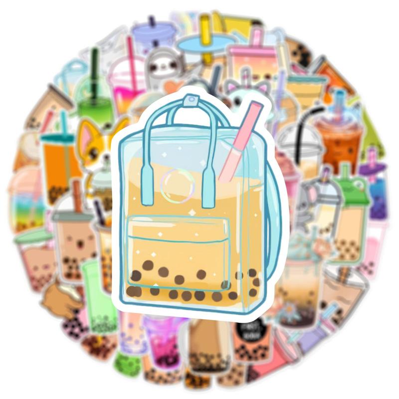 Cartoon Fresh Milk Tea Series Decorative Sticker, 50pcs Creative Waterproof Sticker For DIY Scrapbook Luggage Decoration, Self-adhesive Naughty Stickers