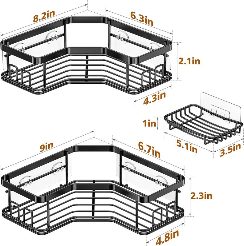 MAXIFFE Shower Caddy, 3 5Pack Wall Mounted Corner Organizer with Soap Holder and 8 Hooks, Black Storage Shelf for Bathroom, Kitchen, and Countertops