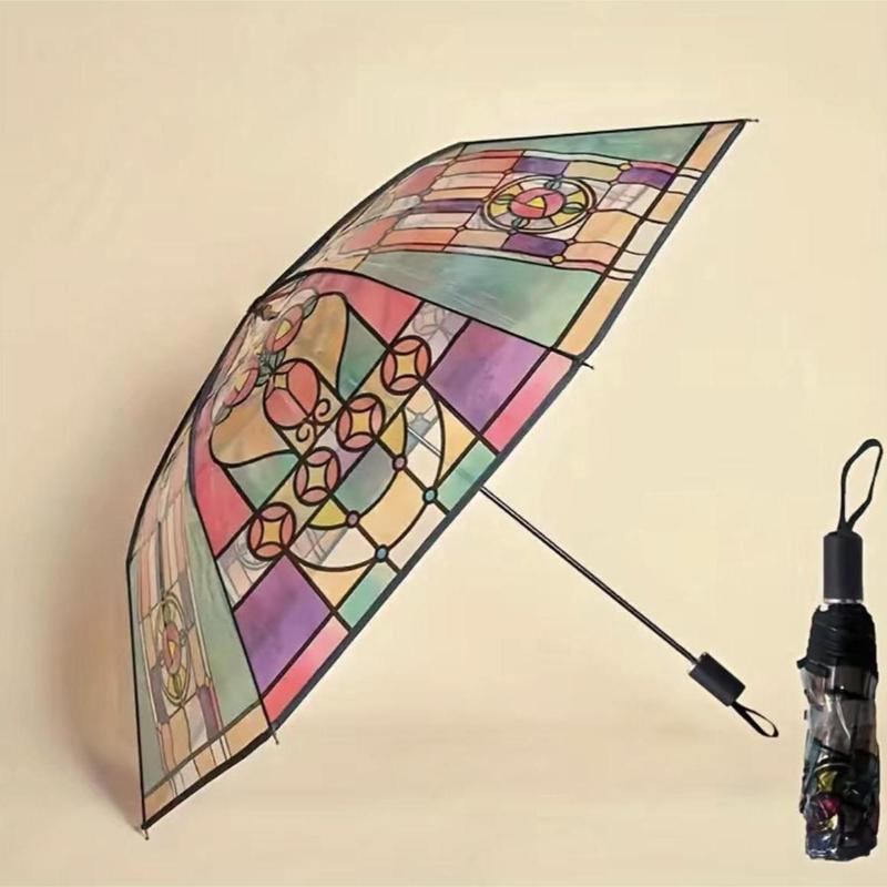 Colorful Glass Painting Pattern Umbrella, Portable Clear Automatic Folding Umbrella, Sunny and Rainy Day Dual-use Creative Umbrella for Outdoor