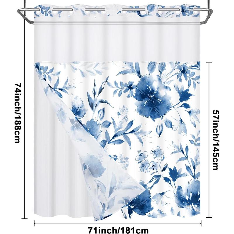 No Hook Shower Curtain with Snap Liner, Blue Floral Shower Curtain and Liner Set, See Through Shower Curtain with Window, Double Layer, Waterproof shower curtain