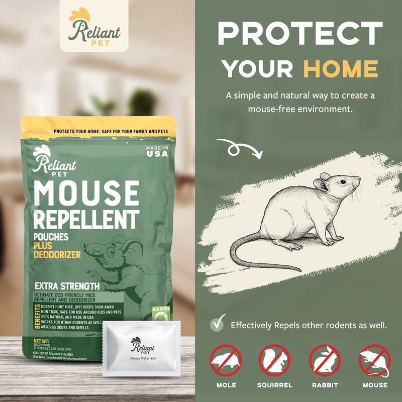 Reliant Pet Mouse Repellent Pouches - Rodent Repellent Made in USA (12 Pouches) - Keep Rodents Out of Cars - Mouse Deterrents with Peppermint Oil