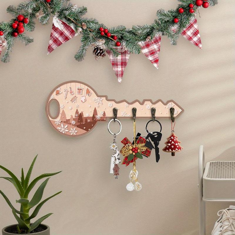 Wooden Key Hanging Board, 1 Count Snowflakes Christmas Tree Pattern Wall Key Chain Decoration, Wall Key Hook for Entrance Corridor Front Door