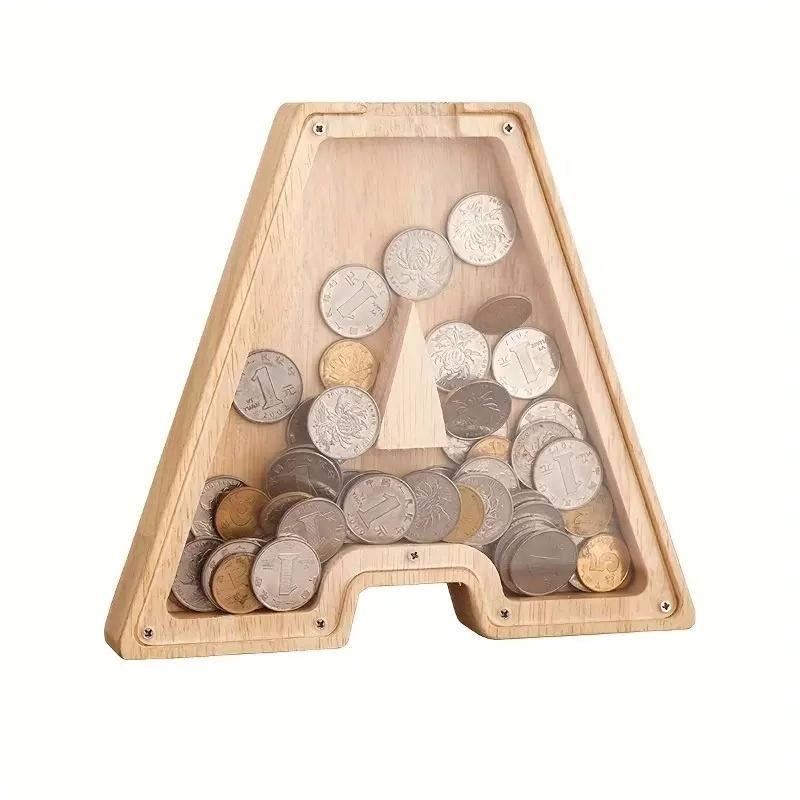 Wooden Letter Shaped Piggy Bank, Transparent Coin Storage Box, Coin Organizer for Home Office, Room Decor